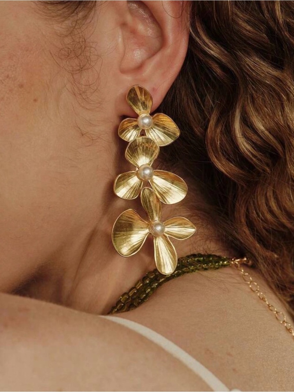 Gold Floral Drop Earrings with Pearls - Women Jewelry